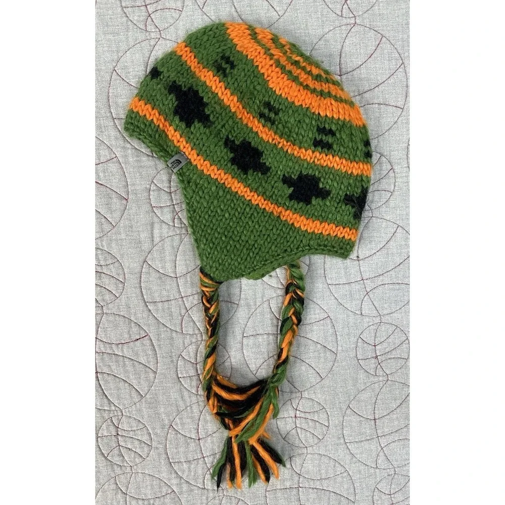 The North Face Knit Beanie Hat w/Tassels, Earflaps Gray & Green Boulder Peruvian